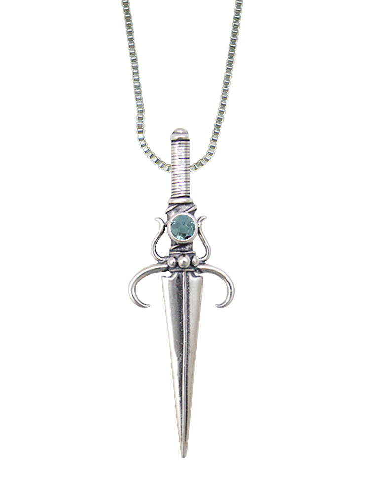 Sterling Silver Sword of Justice Pendant With Faceted Blue Topaz